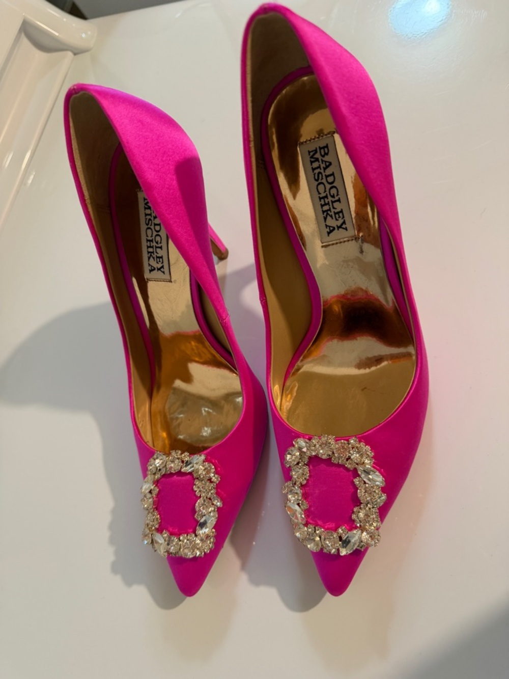 Badgley Mischka Fuchsia Satin Pointed-Toe Pumps with Crystal Buckles